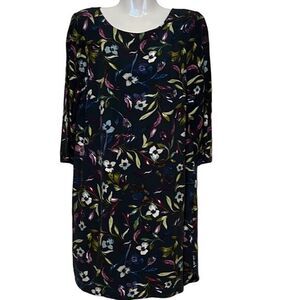 J Jill Womens Dress SP Blue Floral 3/4 Sleeve Pockets Crew‎ Neck Round Hem